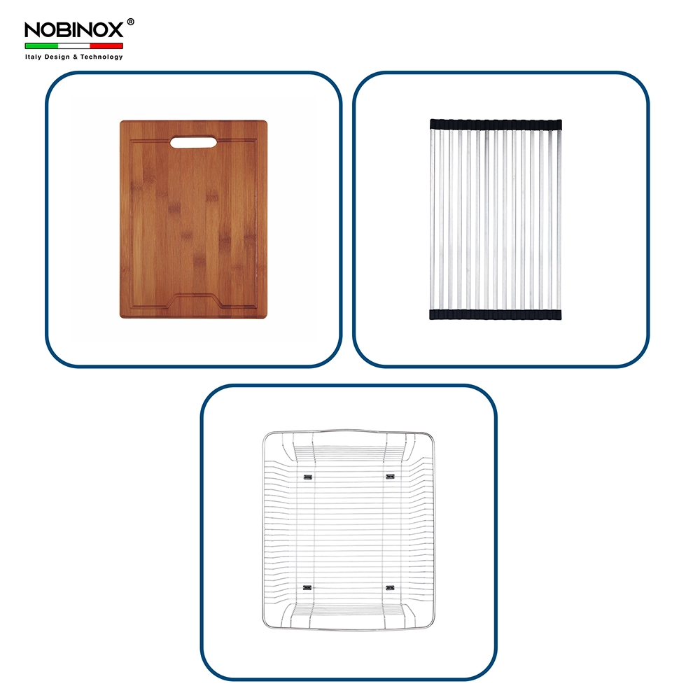 Phụ kiện chậu rửa LIKEN NL700 NOBINOX Bộ phụ kiện đi kèm chậu rửa inox LIKEN NL700 gồm thớt gỗ, khay cuộn và giá để inox