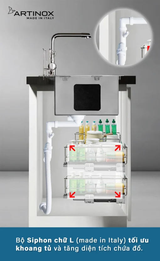 CHẬU RỬA BÁT 1 HỐ ARTINOX MOSE NA808 công năng xiphong và bát rác
