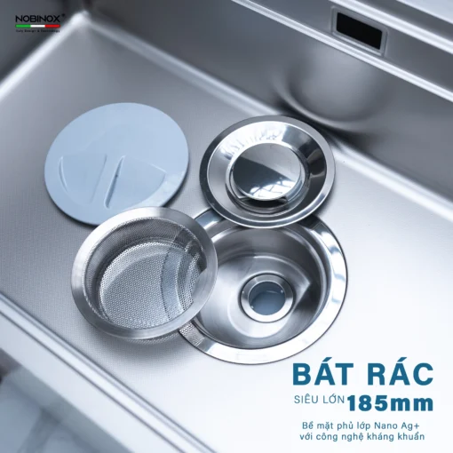 Chậu rửa bát 1 hố NOBINOX LIRA NJ560D – bồn rửa chén được trang bị bát rác và xi phông đầy đủ