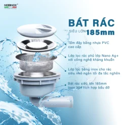 Chậu rửa bát 1 hố NOBINOX LIRA NJ560D – phụ kiện đi kèm bồn rửa chén gồm bát rác và xi phông tiện lợi