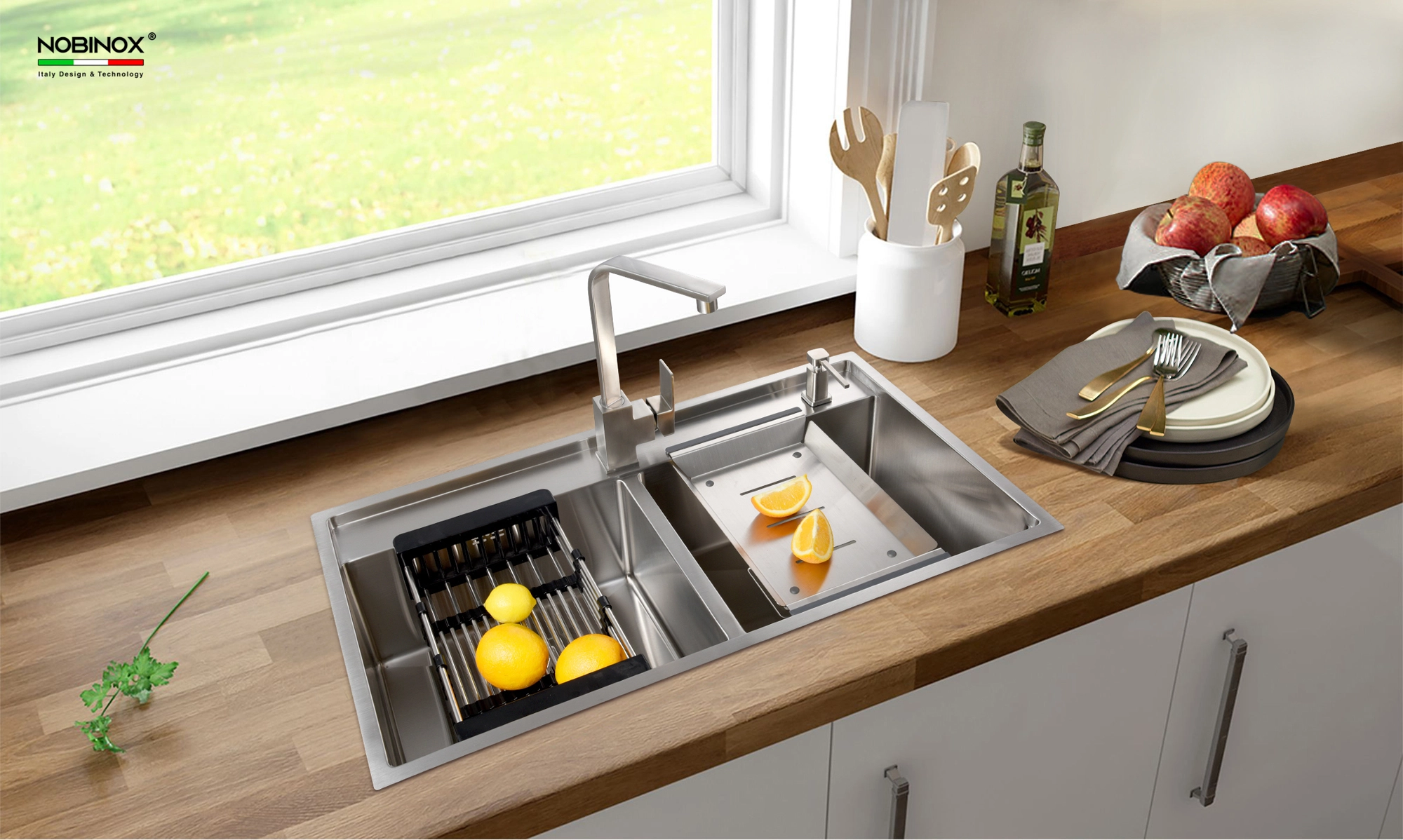 CHẬU RỬA BÁT 2 HỐ NOBINOX LUMIA NJ508D với thiết kế bồn rửa chén inox hiện đại, chậu rửa chén tiện dụng cho mọi gian bếp CHẬU RỬA BÁT 2 HỐ NOBINOX LUMIA NJ508D với thiết kế bồn rửa chén inox hiện đại, chậu rửa chén tiện dụng cho mọi gian bếp