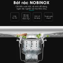 CHẬU RỬA BÁT 2 HỐ NOBINOX LUMIA NJ513B công năng xiphong và bát rác