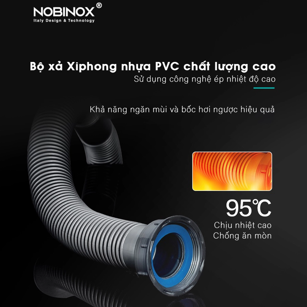 Bộ xả chậu rửa bát công nghệ ép nhiệt NOBINOX Bộ xiphong nhựa PVC chịu nhiệt cao, không rò rỉ