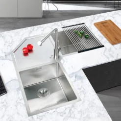 Chậu rửa inox góc 2 hố LIKEN NL700 kèm thớt và khay cuộn