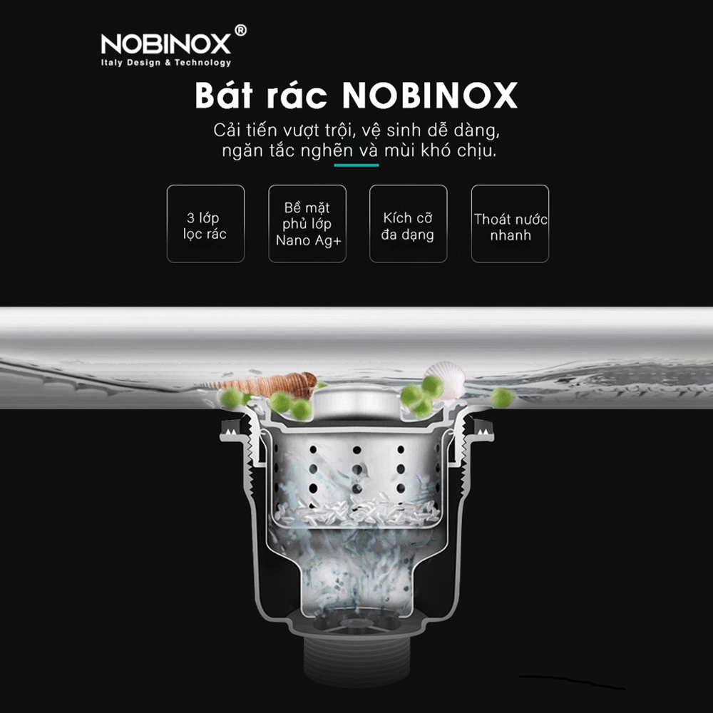 Thiết kế bát rác 3 lớp lọc NOBINOX Cấu tạo bát rác LIKEN NL700 với các tầng lọc thông minh