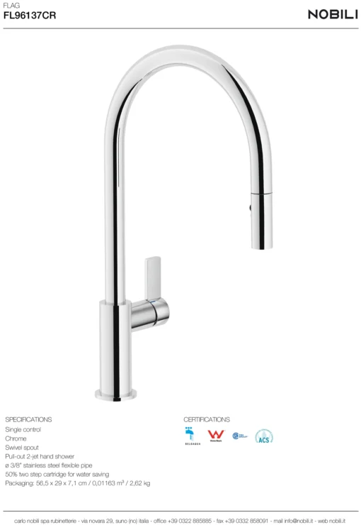 VÒI RỬA BÁT DÂY RÚT NOBILI FLAG NB205 vòi nước rửa chén dây rút linh hoạt, dễ vệ sinh