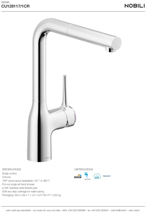 VÒI RỬA BÁT DÂY RÚT NOBILI MANIA NB215T vòi nước rửa chén tiện lợi cho mọi gia đình