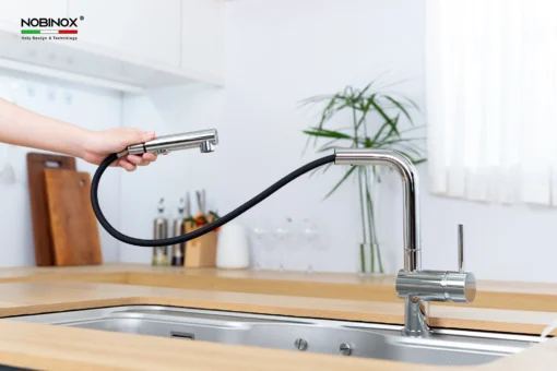 VÒI RỬA BÁT DÂY RÚT NOBINOX BIANCO NX600 vòi nước rửa chén thiết kế dây rút linh hoạt, dễ dàng điều chỉnh