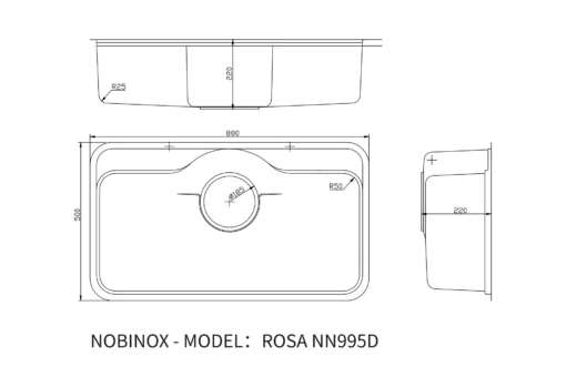 CHẬU RỬA BÁT 1 HỐ NOBINOX ROSA NN995D làm từ inox cao cấp, bền bỉ theo thời gian, kích thước phù hợp cho mọi không gian bếp.